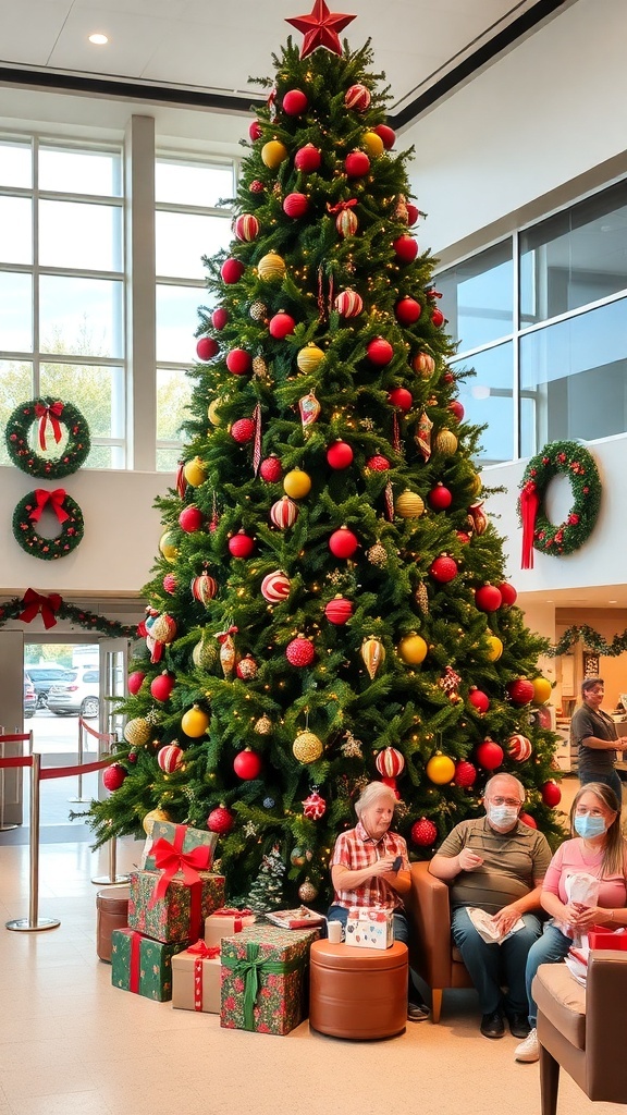 Christmas Decor Ideas for Hospitals Hospital lobby decorated for Christmas with a tree, wreaths, and festive decorations.